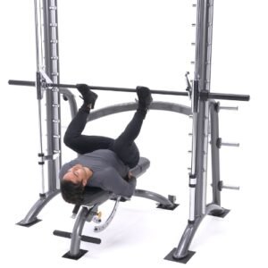 A girl is performing Leg press on smith machine exercise
